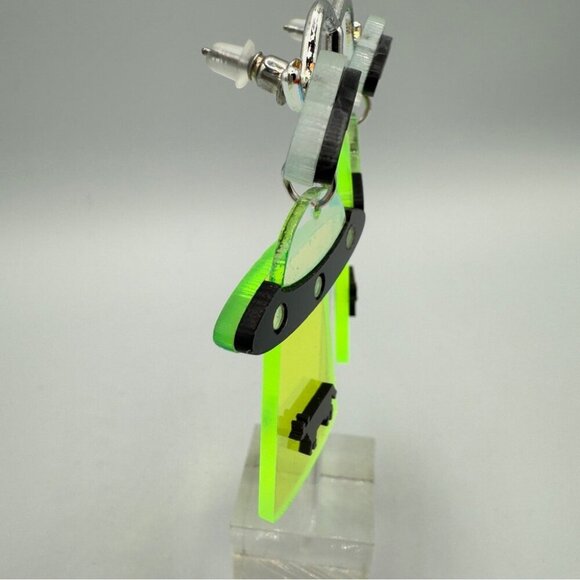 Alien Cow Spaceship Earrings - Neon Green and Black - Acrylic Earrings Pierced - Picture 5 of 7